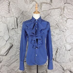 Ralph Lauren Sport Ruffle Button Down Shirt Admiral Blue Stripe | 10